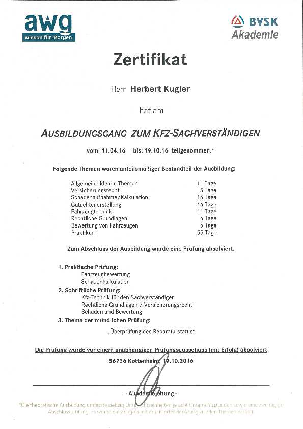 Zertifikat: Ausbildungsgang zum Kfz-Sachverständigen (BVSK 2016)