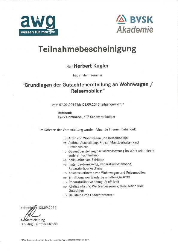 Grundlagen der Gutachtenerstellung an Wohnwagen / Reisemobilen