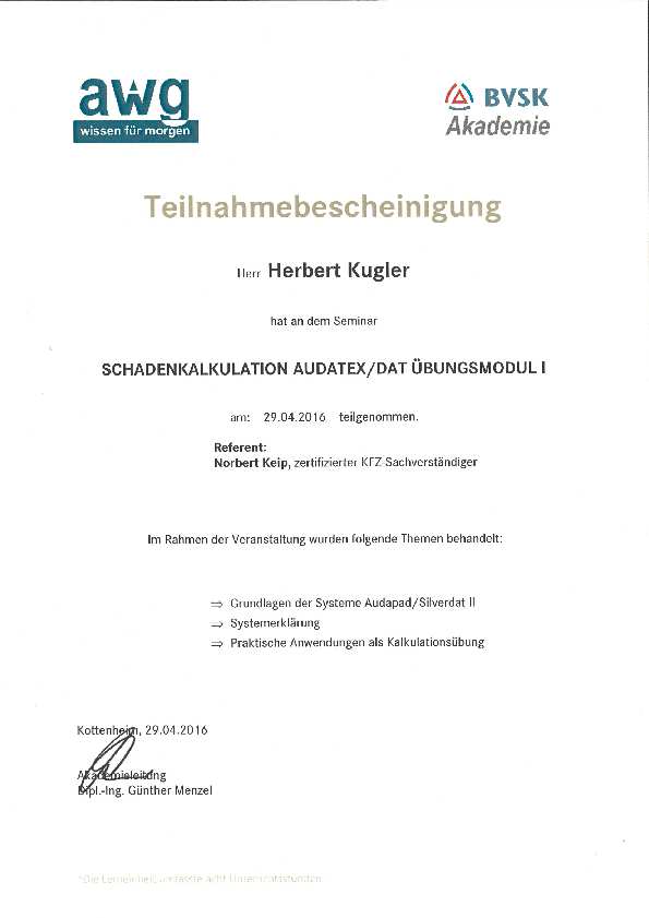Schadenkalkulation Audatex/DAT – Übungsmodul I