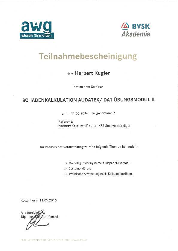 Schadenkalkulation Audatex/DAT – Übungsmodul II