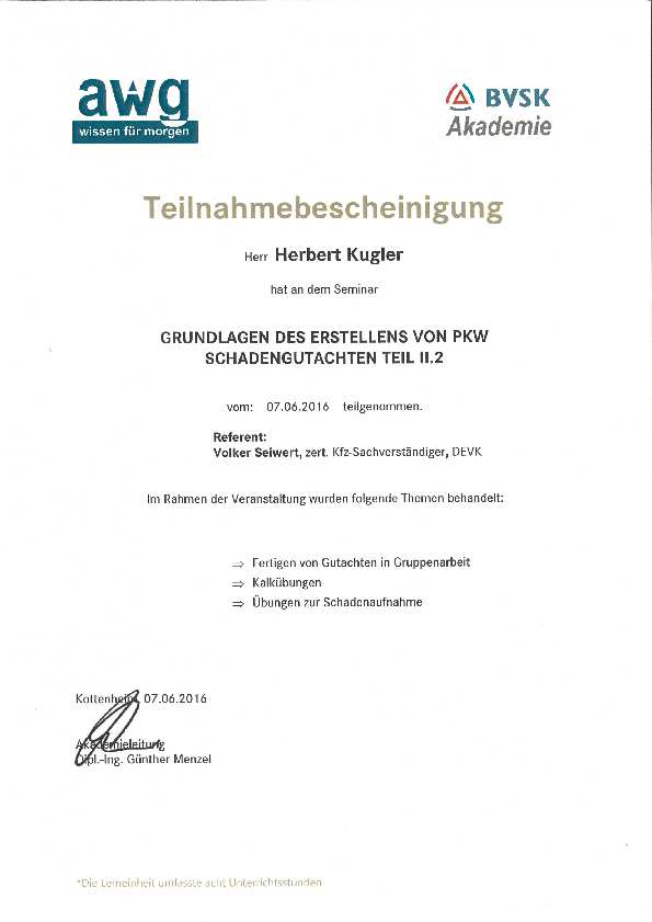 Grundlagen des Erstellens von Pkw-Schadengutachten Teil 1.2