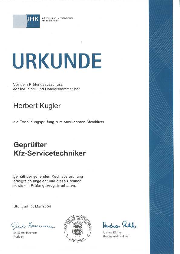 Geprüfter Kfz-Servicetechniker – IHK-Urkunde