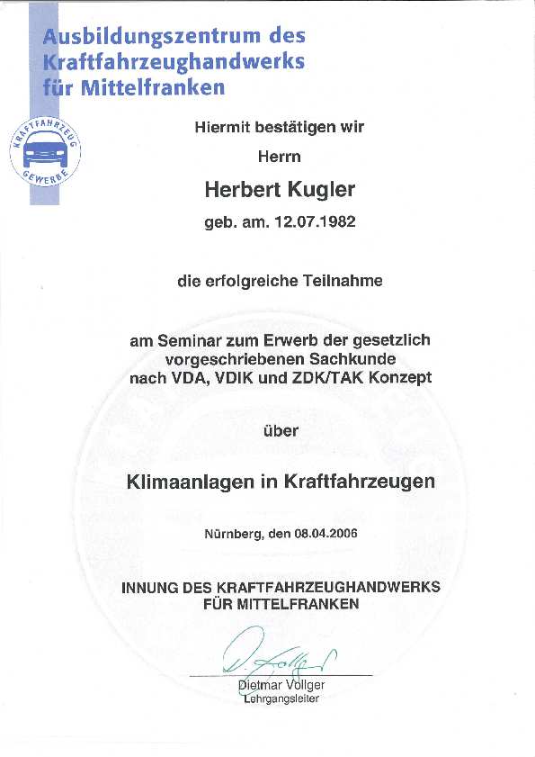 Sachkunde Klimaanlagen in Kraftfahrzeugen (VDA, VDIK, ZDK/TAK – 2006)