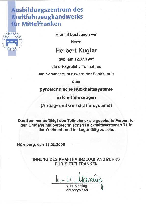 Sachkunde pyrotechnische Rückhaltesysteme (Airbag- und Gurtstraffersysteme)