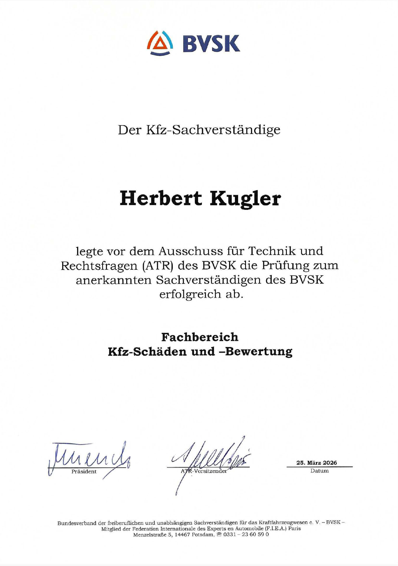 Prüfung zum anerkannten Sachverständigen des BVSK, Fachbereich Kfz-Schäden und -Bewertung (2026)